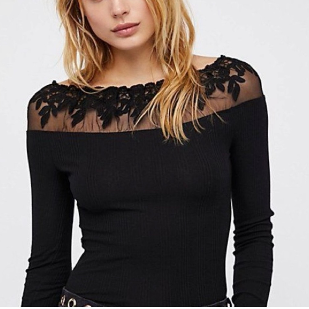 Free People Admire Me Black Lace Off Shoulder Shirt